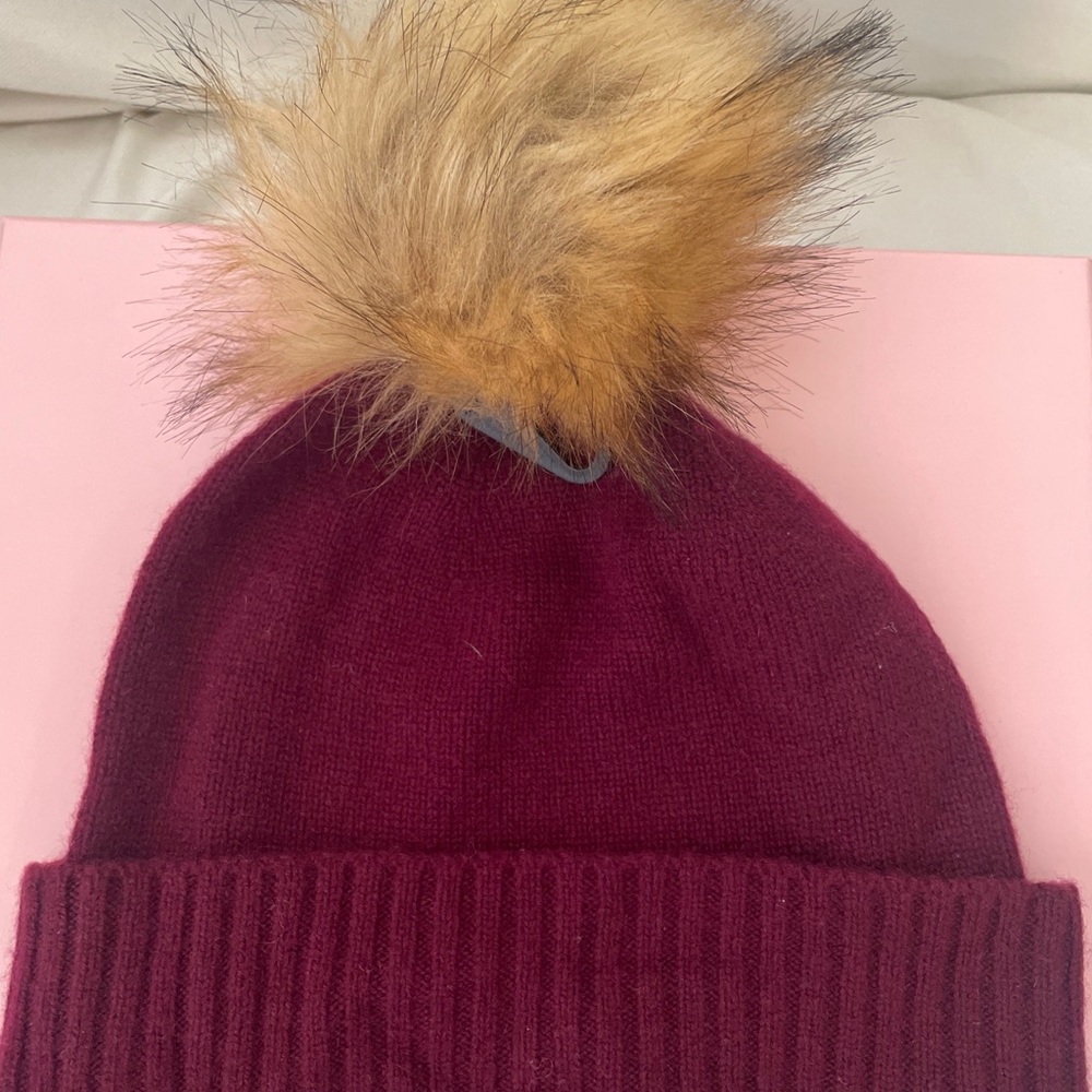 Burgundy Cashmere Knit Beanie with Faux Fur Pom